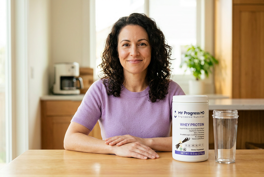 Woman at her kitchen table with MyProgressMD Whey Protein