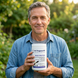 Man in his 50s holding MyProgressMD Whey Protein at chest height in a softly blurred morning garden
