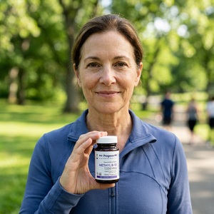 Woman in her late 50s holding a MyProgressMD Methyl B-12 bottle during a morning walk in a green park